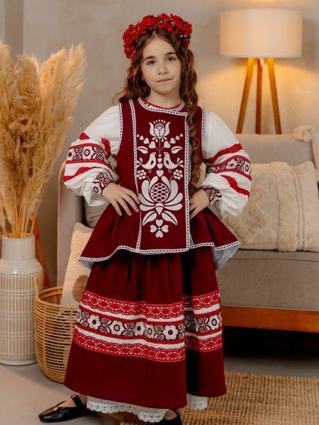 Комплект "Луна" - Дитяча вишита сорочка, спідниця та жупан на запах в бордовому кольорі фото