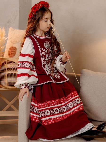 Комплект "Луна" - Дитяча вишита сорочка, спідниця та жупан на запах в бордовому кольорі фото