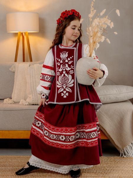Комплект "Луна" - Дитяча вишита сорочка, спідниця та жупан на запах в бордовому кольорі фото