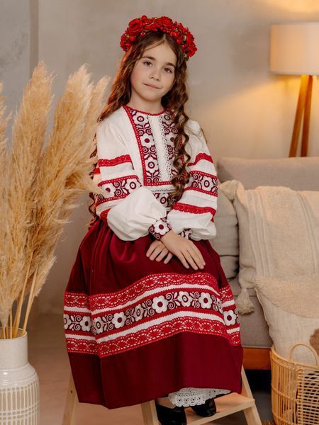 Комплект "Луна" - Дитяча вишита сорочка, спідниця та жупан на запах в бордовому кольорі фото