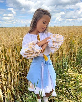 Комплект "Стефанія" - Вишита дитяча сукня з колосками та блакитна баска фото