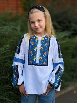Жаклін - Вишита сорочка для дівчинки в синьому кольорі фото