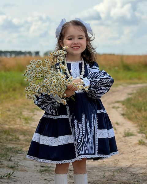 Стефі - Сукня для дівчинки з вишитими колосками в синьому кольорі фото